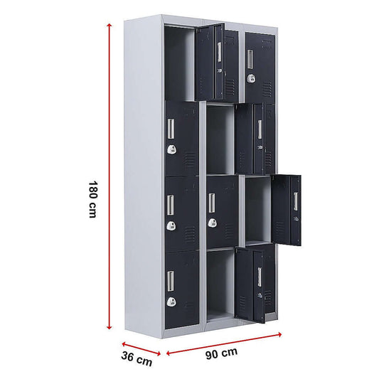 12-door locker for office, gym, school with 3-digit combination lock; affordable, quality, and stylish storage solution.