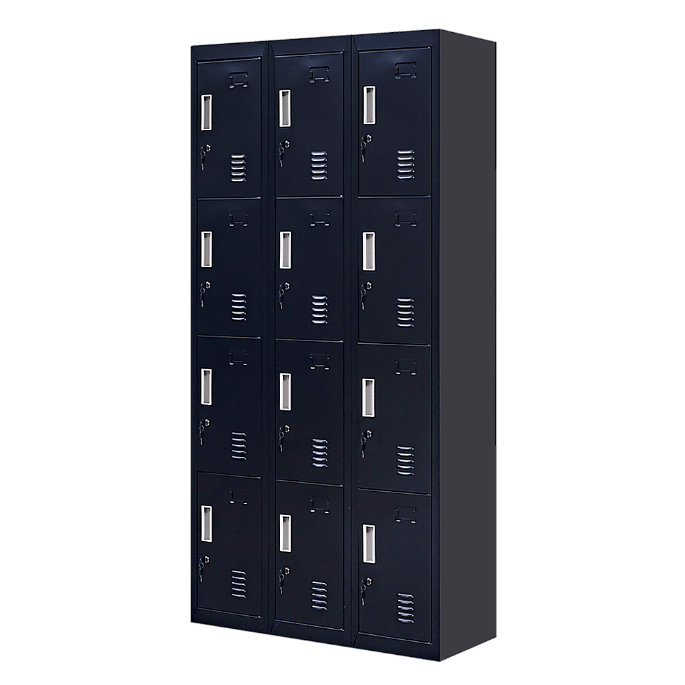 12-door black locker unit for secure storage in offices, gyms, schools, and homes - stylish and affordable solution.