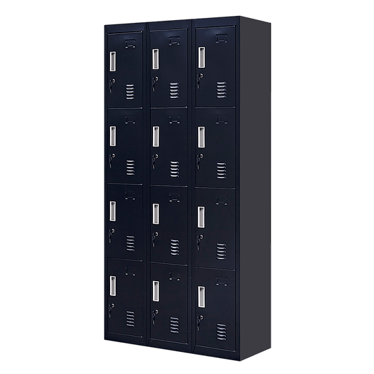 12-door black locker unit for secure storage in offices, gyms, schools, and homes - stylish and affordable solution.