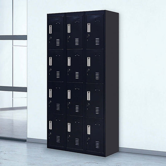 12-door black locker unit for office, gym, or school storage, offering affordable and quality secure personal space.