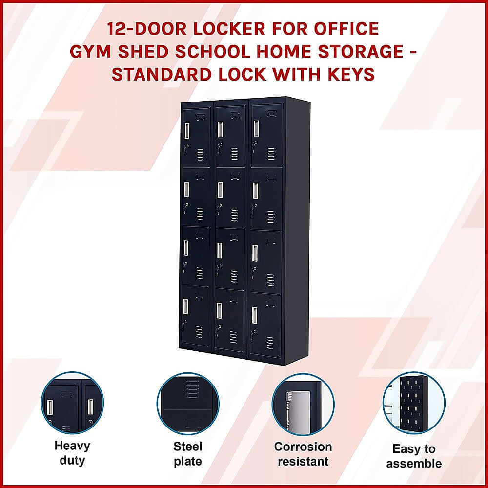 12-door locker for office, gym, or school storage with standard lock and key, featuring heavy-duty steel and easy assembly.