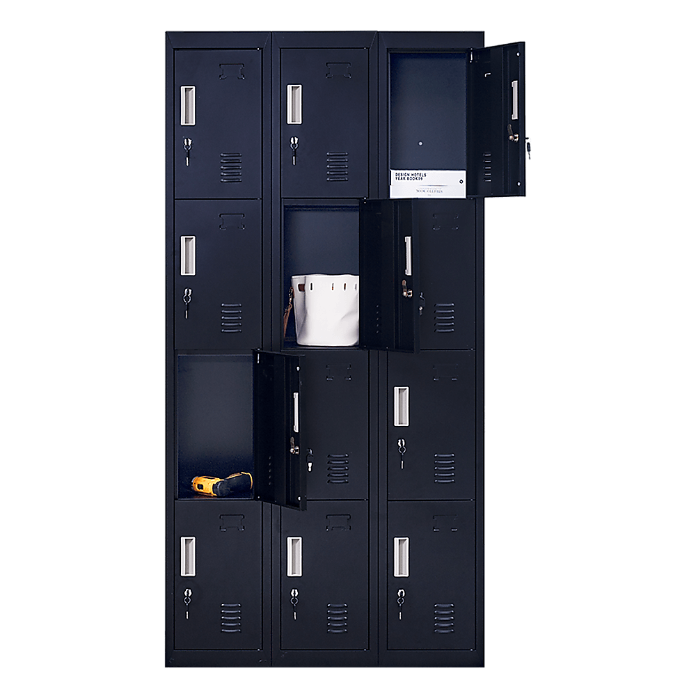 Affordable 12-door locker for secure storage in offices, gyms, or schools, featuring quality design and DIY installation.