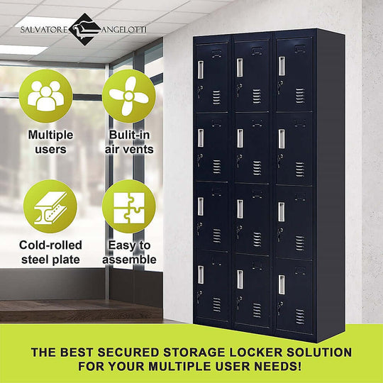 12-door locker for offices and gyms with built-in air vents, cold-rolled steel, and easy assembly features.