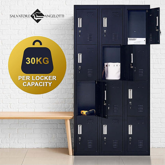 12-door locker unit designed for secure storage in offices and gyms, featuring 30kg capacity per compartment.