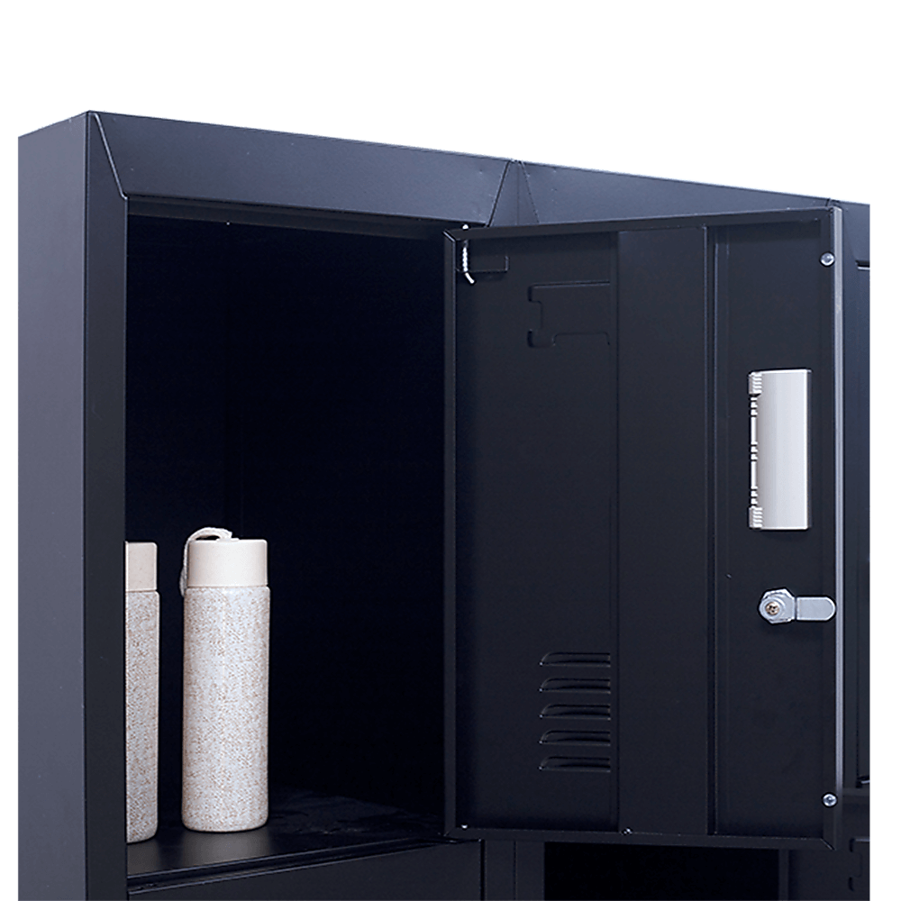 Black 12-door locker interior showing ample storage space for personal items, ideal for gyms, schools, and offices.