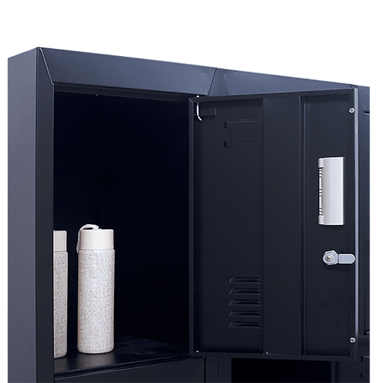 Black 12-door locker interior showing ample storage space for personal items, ideal for gyms, schools, and offices.