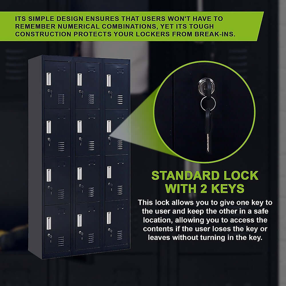 12-Door locker with standard lock and keys for secure storage in office, gym, or school settings.