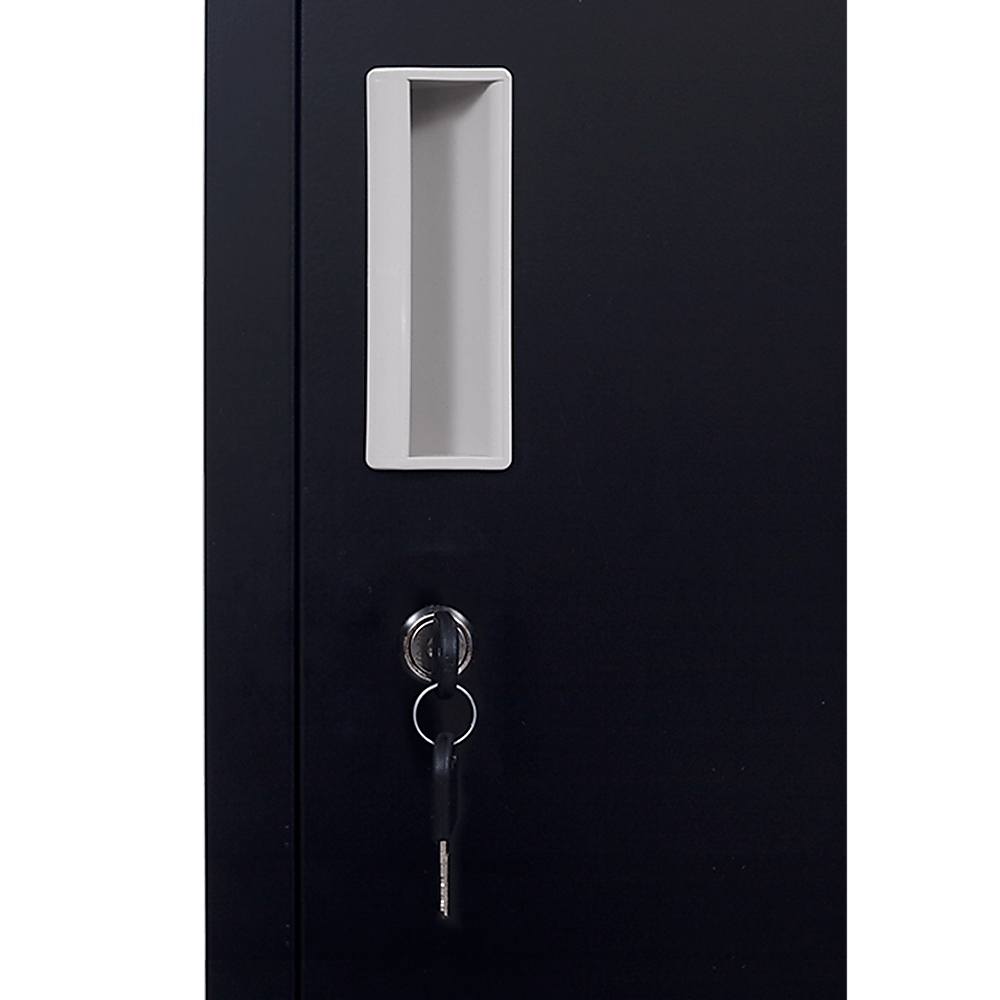 Close-up of a black locker door featuring a keyhole and key slot for secure storage in offices or gyms.