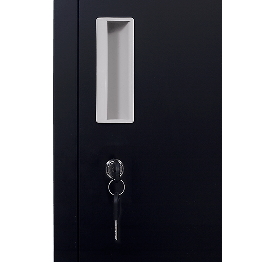 Close-up of a black locker door featuring a keyhole and key slot for secure storage in offices or gyms.