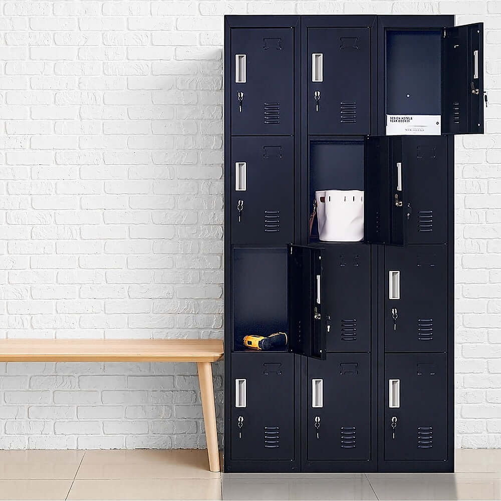 12-door locker unit in black, ideal for affordable storage in offices, gyms, and schools, featuring standard locks with keys.