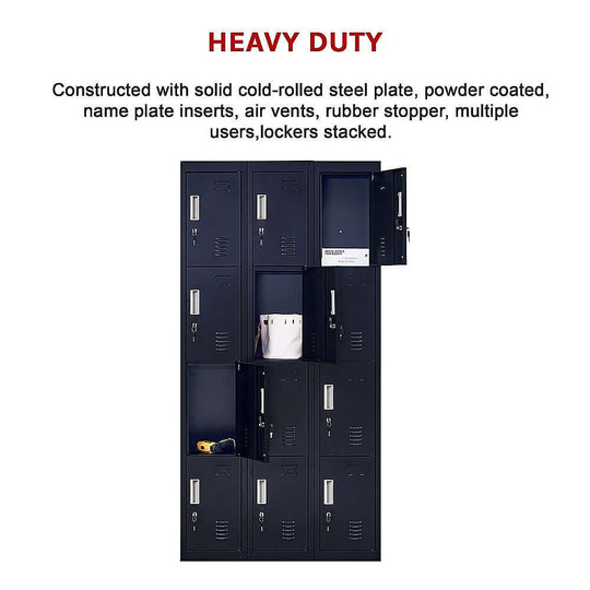 Heavy duty 12-door locker, designed for multiple users, made of cold-rolled steel plate, ideal for gyms or offices.