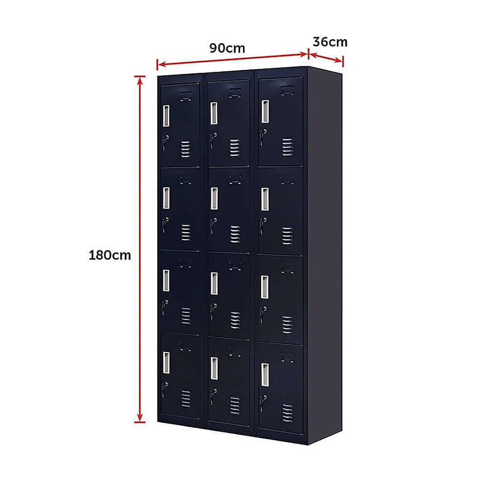 Affordable 12-door locker for office, gym, or school with quality design and space for personal items.