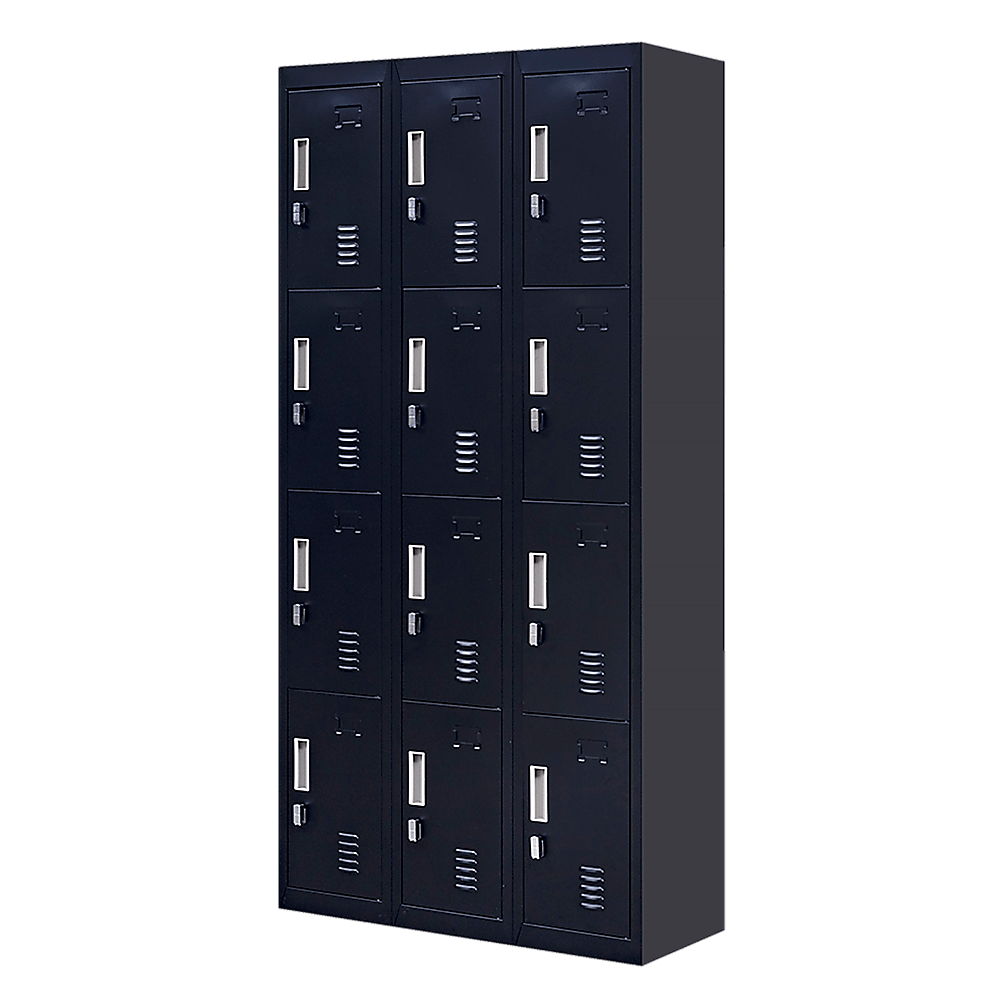 12-door locker unit for secure storage in office, gym, or school; padlock-operated and affordable quality solution.