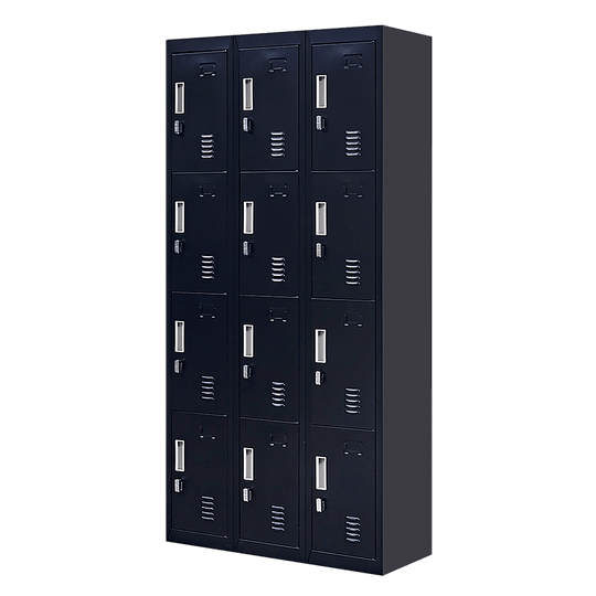 12-door locker unit for secure storage in office, gym, or school; padlock-operated and affordable quality solution.