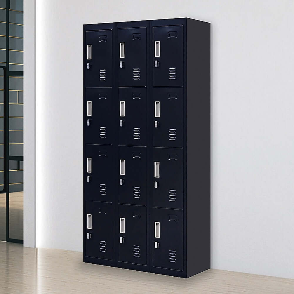 12-door black storage locker for office, gym, or school. Affordable and quality padlock-operated solution.