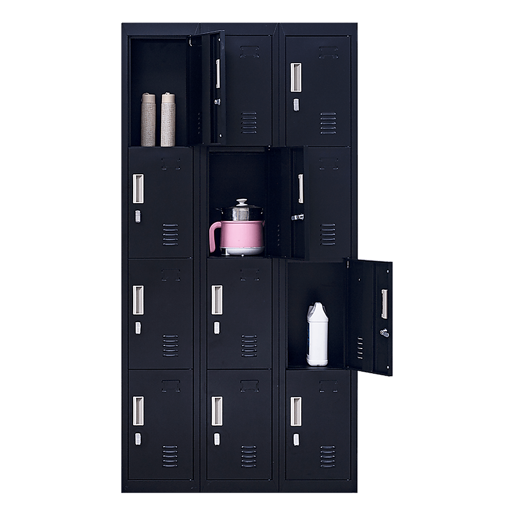 12-door black storage locker unit with items inside, perfect for affordable quality storage solutions in offices or gyms.