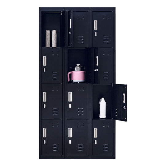 12-door black storage locker unit with items inside, perfect for affordable quality storage solutions in offices or gyms.