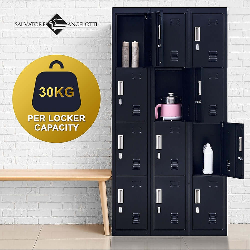 Affordable 12-door locker unit with 30kg capacity per locker, ideal for office, gym, or school storage needs.