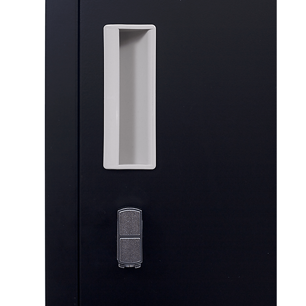 Close-up of a padlock-operated locker door with a key slot for securing personal items in a sleek black design.