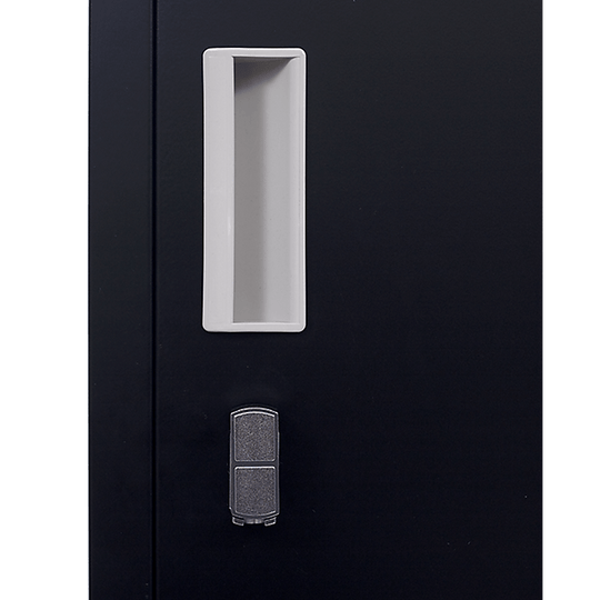 Close-up of a padlock-operated locker door with a key slot for securing personal items in a sleek black design.