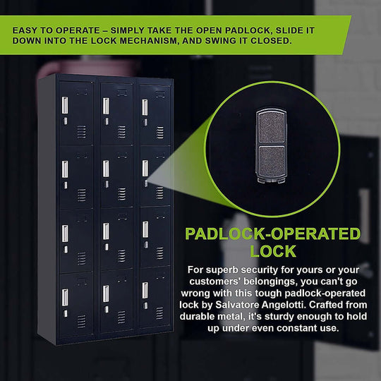 12-door padlock-operated locker for secure storage in offices, gyms, and schools, crafted from durable metal.