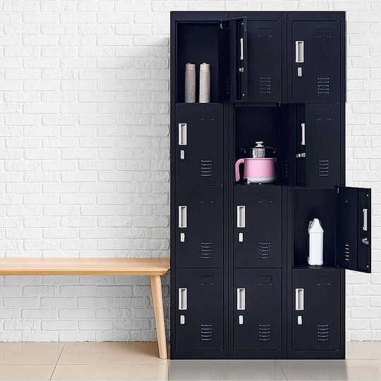 12-door locker unit for secure storage in offices and gyms, featuring padlock operation and sleek design.