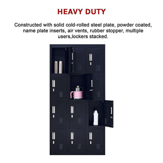 Heavy duty 12-door locker unit made of cold-rolled steel for secure storage in offices, gyms, and schools.