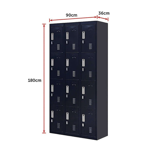 12-door locker for storage in office, gym, or school, dimensions: 90cm x 36cm x 180cm, padlock-operated, affordable and quality design.