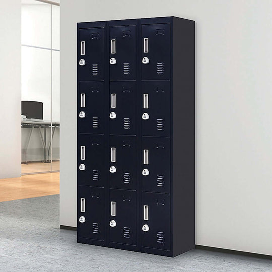 12-door locker unit for office, gym, or school with 3-digit combination locks and sleek design.