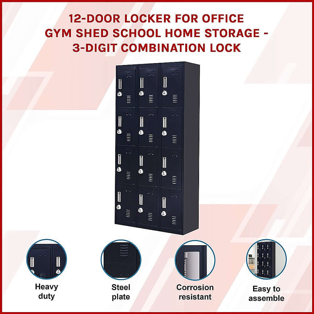 12-door locker with 3-digit combination lock for gym, office, and school storage - heavy duty, corrosion resistant, easy to assemble