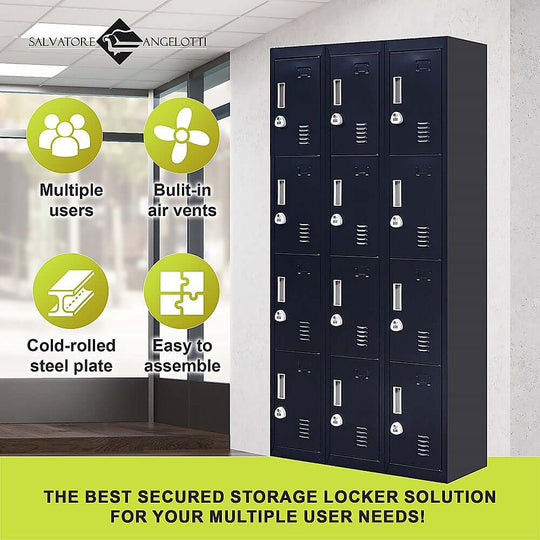 12-door locker for office, gym, school with combination lock, cold-rolled steel, easy to assemble, multiple users.