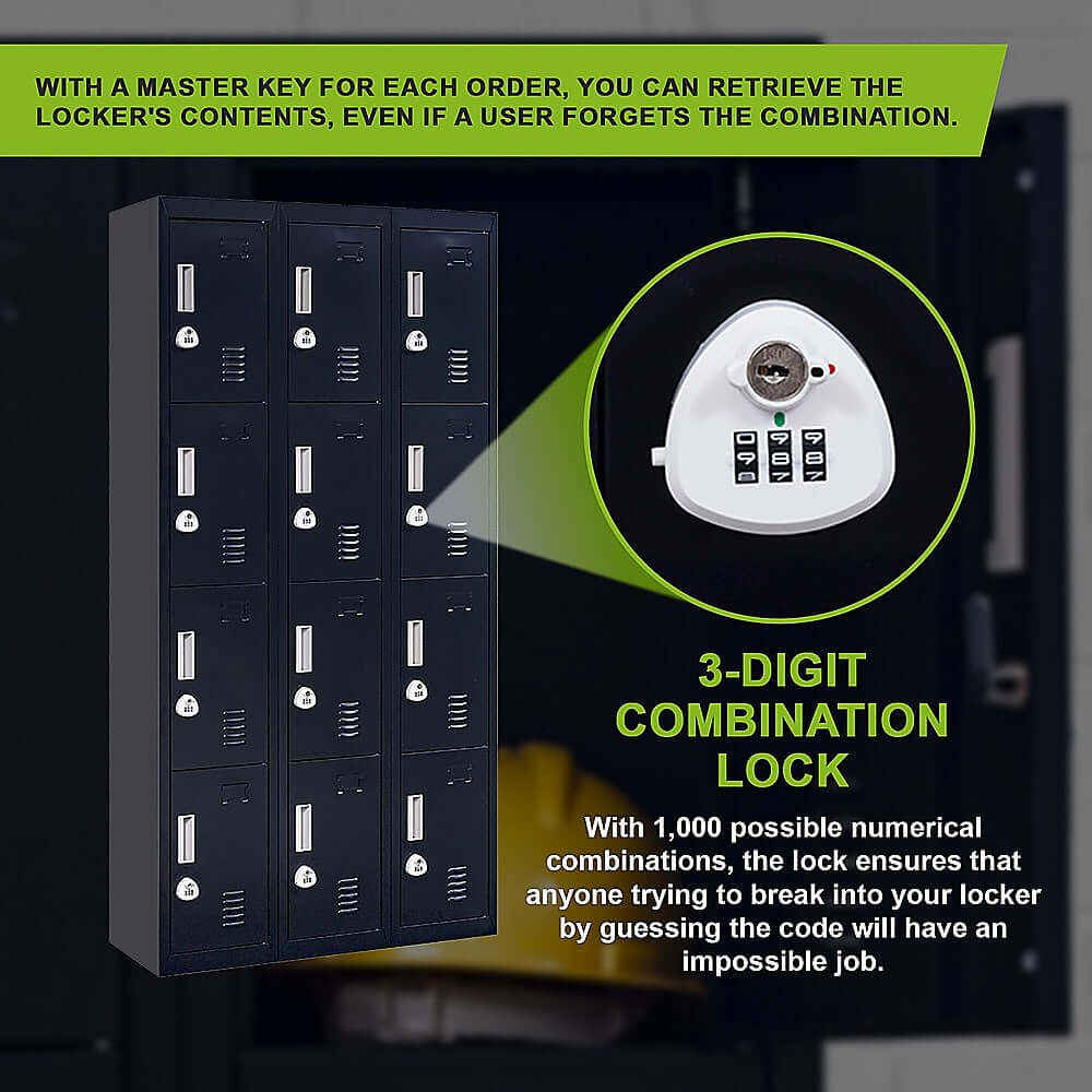 12-door locker with 3-digit combination lock, ensuring security and easy access for personal storage in offices and gyms.