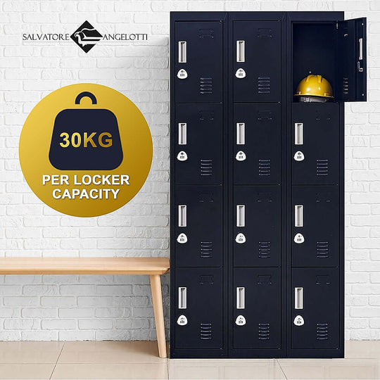 12-Door locker unit with a 30kg capacity per locker, ideal for office, gym, or school, featuring secure combination locks.