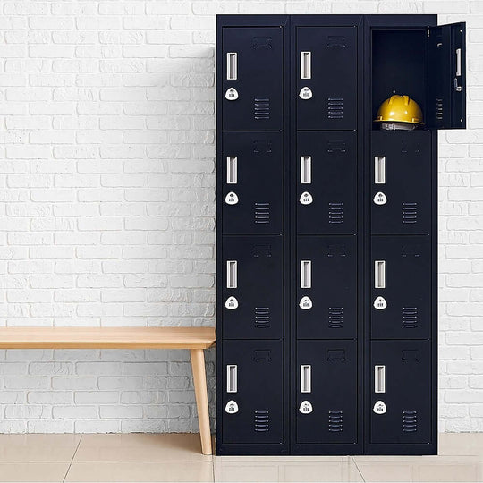 12-door storage locker unit with one locker open, featuring a yellow hard hat, ideal for gyms, offices, and schools.