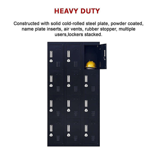 Heavy-duty 12-door locker constructed of cold-rolled steel, featuring secure compartments for multiple users.