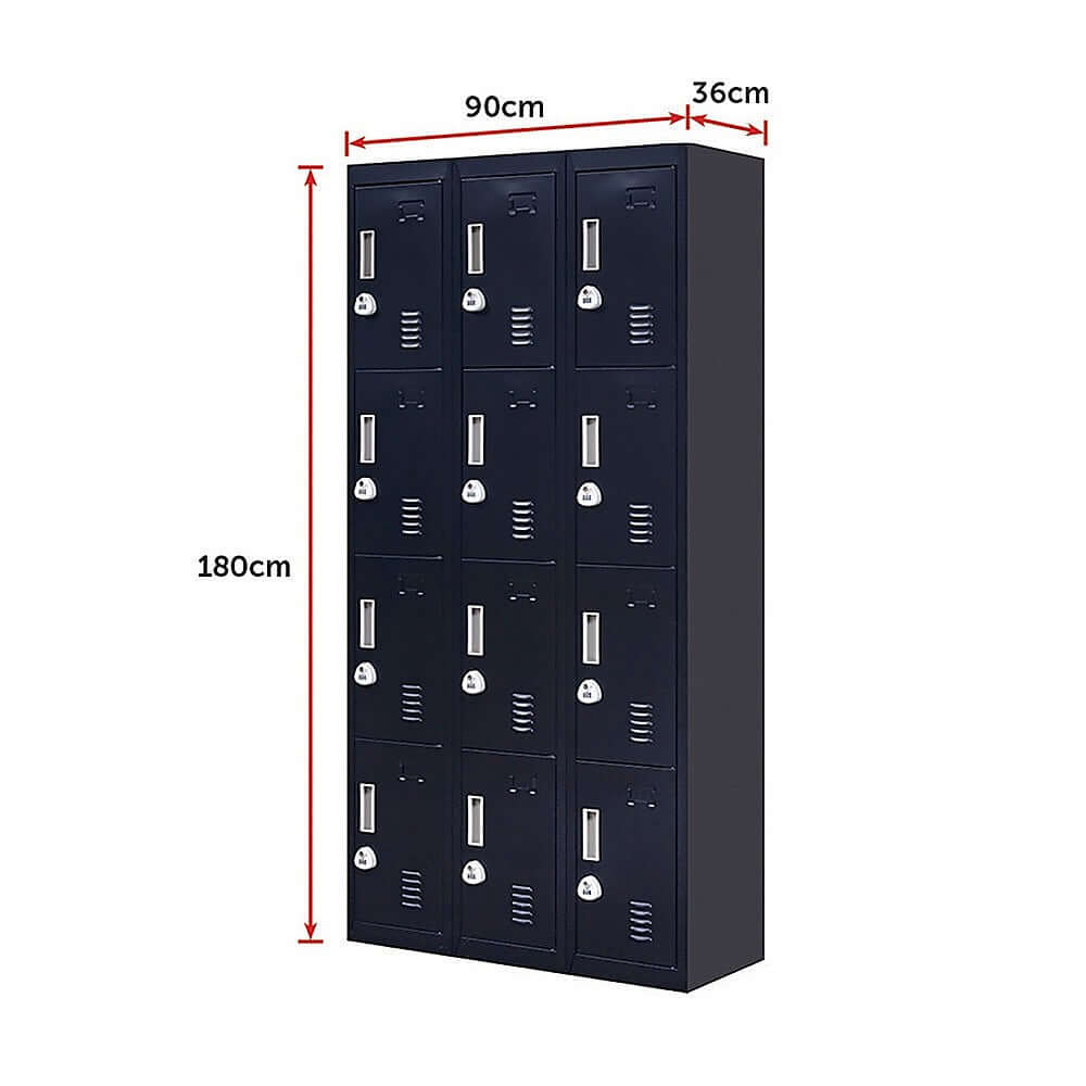 12-door storage locker unit with 3-digit combination lock, 90cm x 36cm x 180cm, ideal for office, gym, school use.