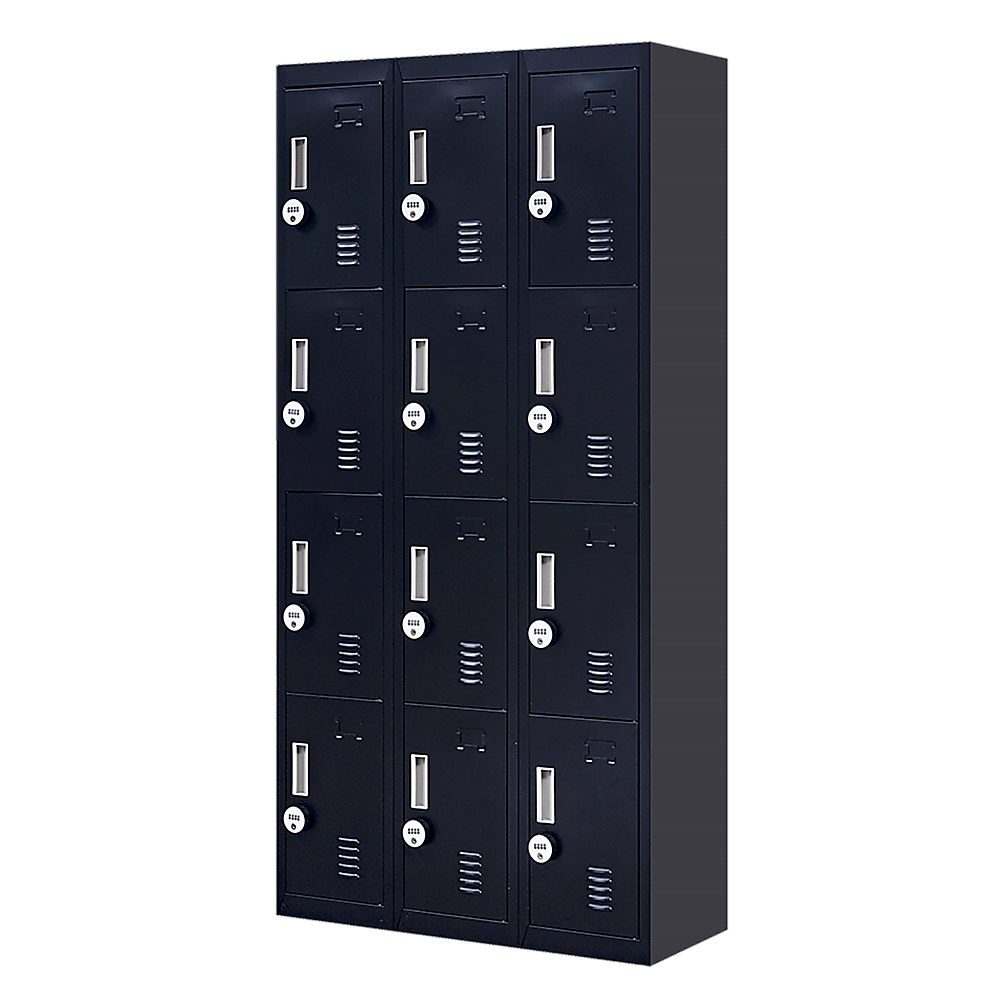 12-door locker storage unit with 4-digit combination locks, ideal for office, gym, school, and affordable DIY solutions.