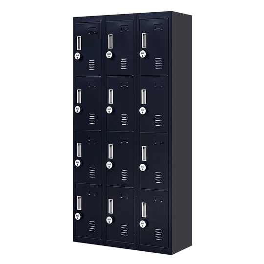 12-door locker storage unit with 4-digit combination locks, ideal for office, gym, school, and affordable DIY solutions.