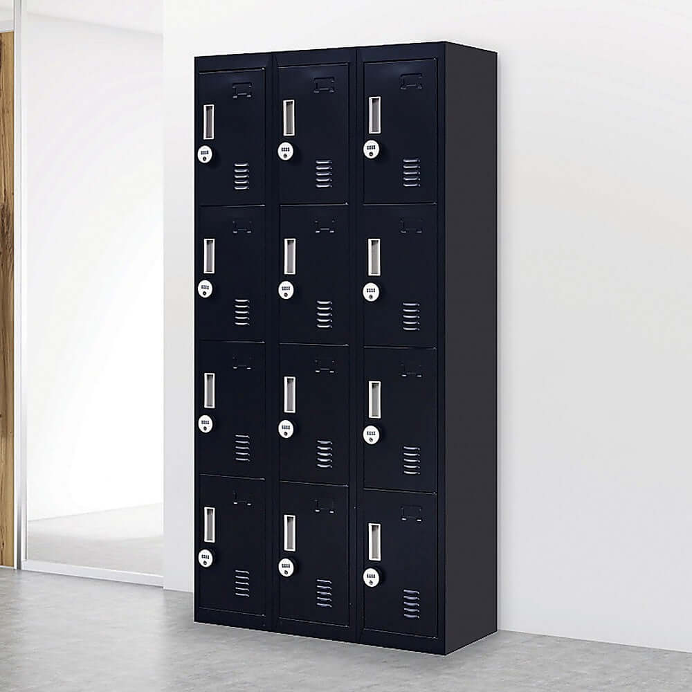 12-door storage locker with 4-digit combination locks, ideal for schools, gyms, and offices - affordable and quality solution.