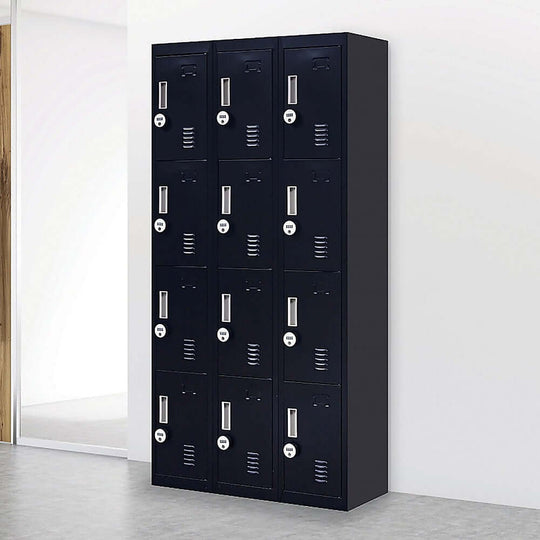 12-door storage locker with 4-digit combination locks, ideal for schools, gyms, and offices - affordable and quality solution.