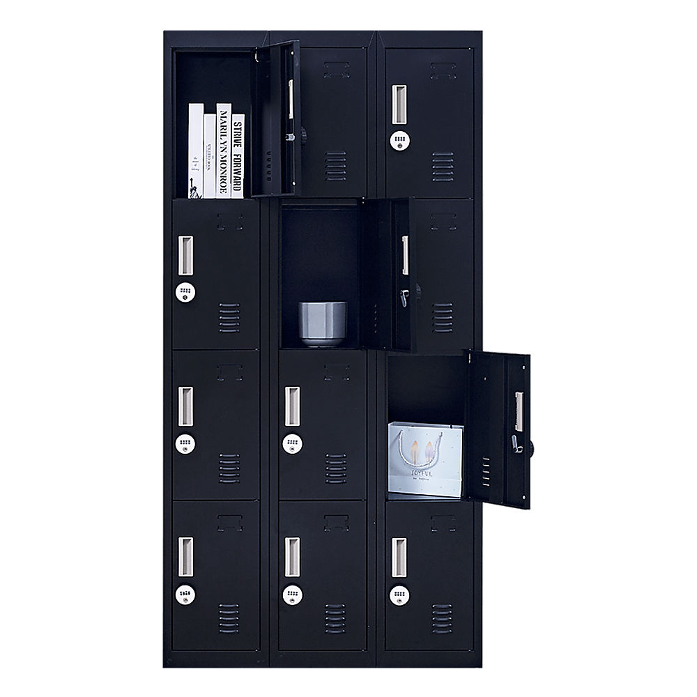 12-door locker for secure storage in office, gym, school, and home; features 4-digit combination lock; affordable quality.