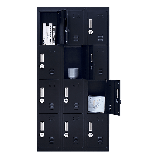 12-door locker for secure storage in office, gym, school, and home; features 4-digit combination lock; affordable quality.