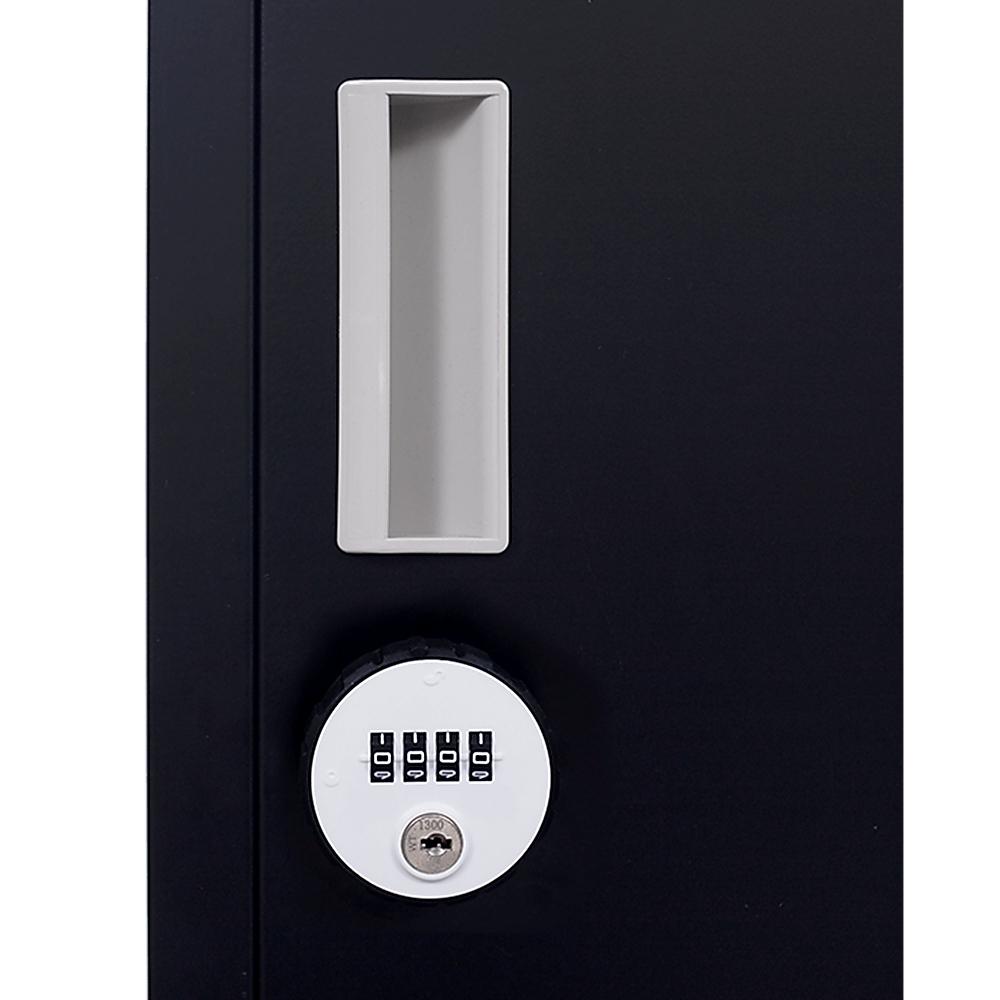 Close-up of a 4-digit combination lock and handle on a 12-door locker, ideal for secure storage in offices and gyms.