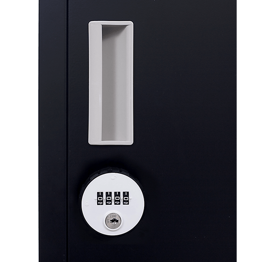 Close-up of a 4-digit combination lock and handle on a 12-door locker, ideal for secure storage in offices and gyms.