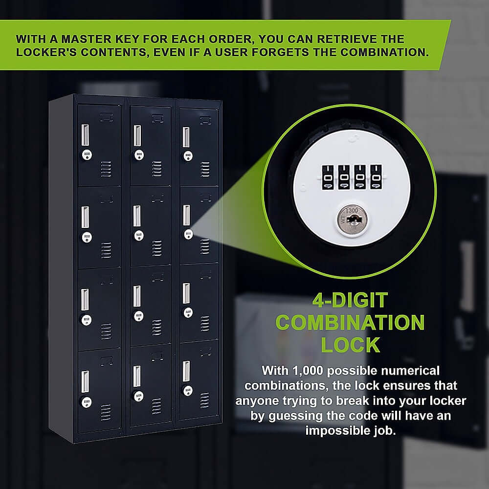 12-door locker with 4-digit combination lock for secure storage in schools, gyms, and offices, ensuring user-friendly access.