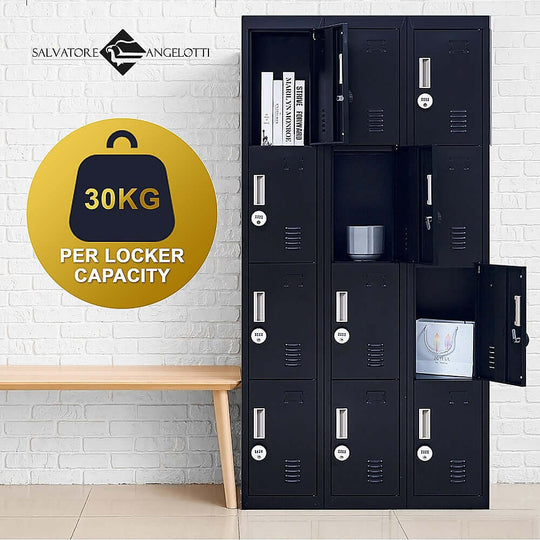 12-door locker for office and gym, 30kg capacity per locker, featuring a sleek black design against a white brick wall.