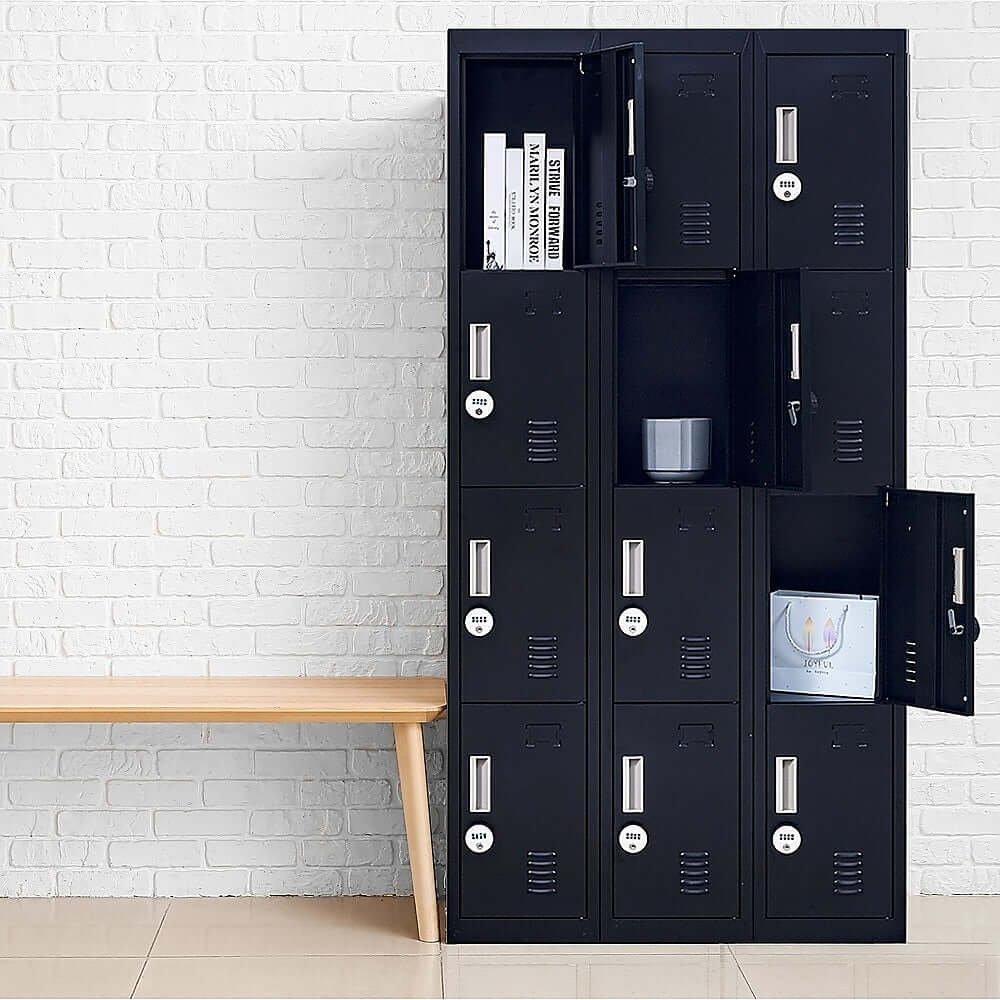 12-door locker in black for office, gym or school storage with open compartments, secure and affordable solution.