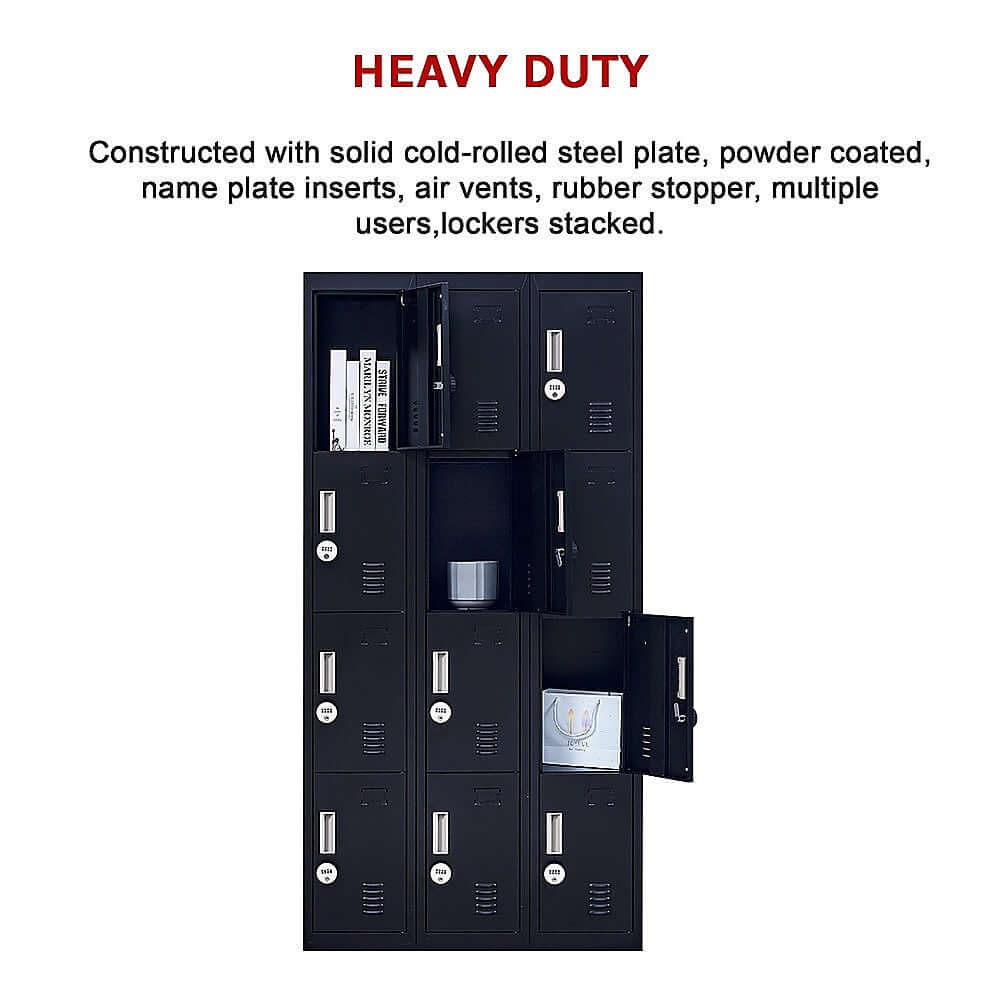 Heavy-duty 12-door locker made of cold-rolled steel, ideal for multiple users in offices, gyms, schools, and more.