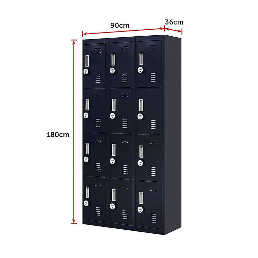 12-door locker with 4-digit combination lock for schools and gyms, dimensions 90cm x 36cm x 180cm, affordable quality storage solution.