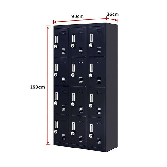 12-door locker with 4-digit combination lock for schools and gyms, dimensions 90cm x 36cm x 180cm, affordable quality storage solution.